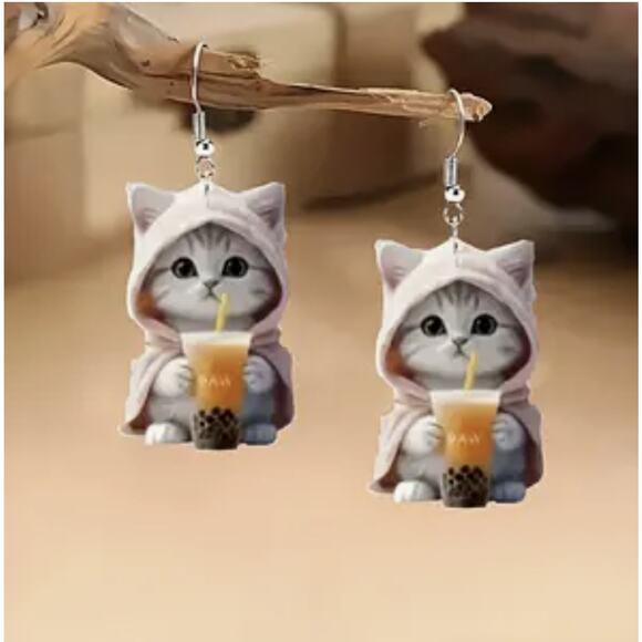 Cat Boba Tea Acrylic Dangle Earrings Kawaii Kitty Hoodie Bubble Tea - Picture 1 of 6